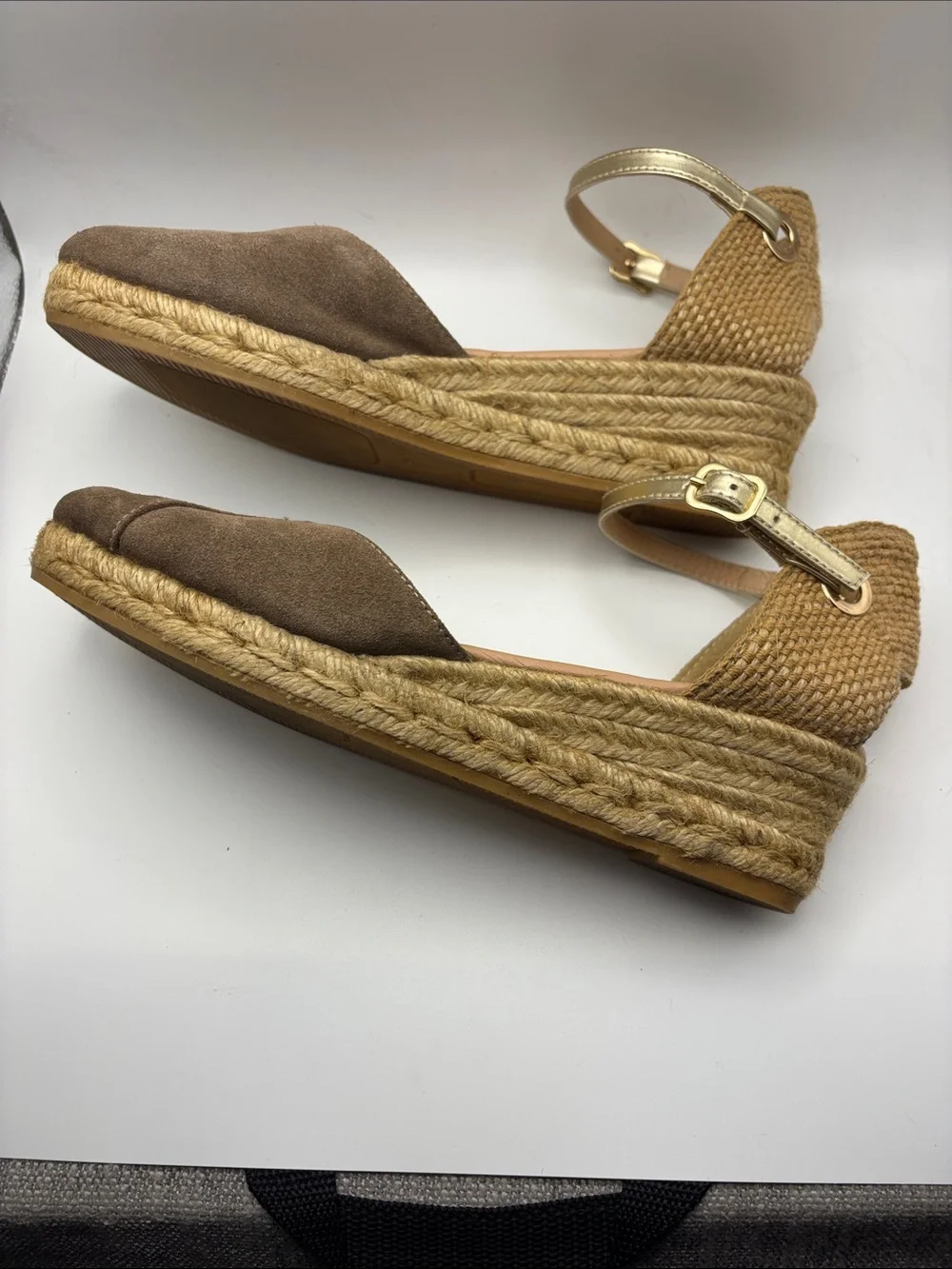 Gaimo Taupe Suede Espadrille Wedge with Gold Ankle Strap Size 40/9